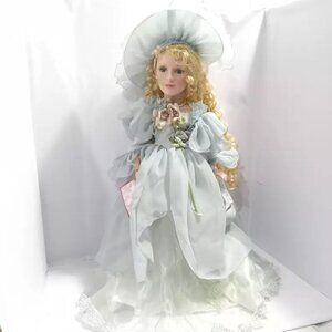 Victorian style big hat Vintage 15'' Blonde Hair Big Eyes Porcelain Doll Flaws